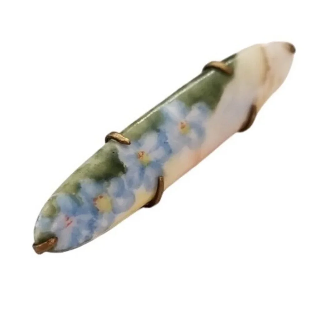 Blue Flower Oval Victorian Style Porcelain Bar Pin Brooch L55